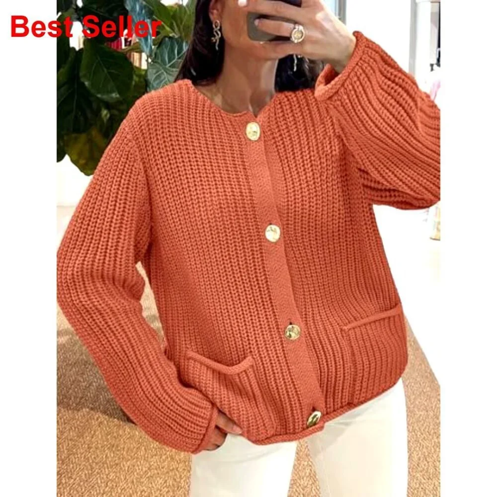 Oversized Chunky Knit Cardigan with Pockets, 60% Cotton 40% Acrylic